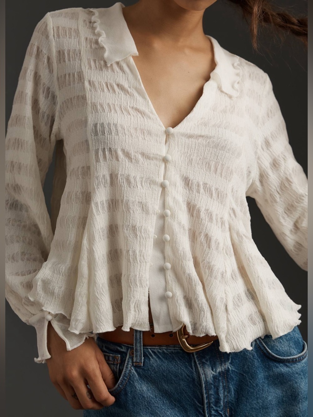 Anthropologie‎ Long-Sleeve Button-Front Textured Blouse